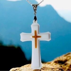 Elegant White and Gold Cross Pendant Necklace